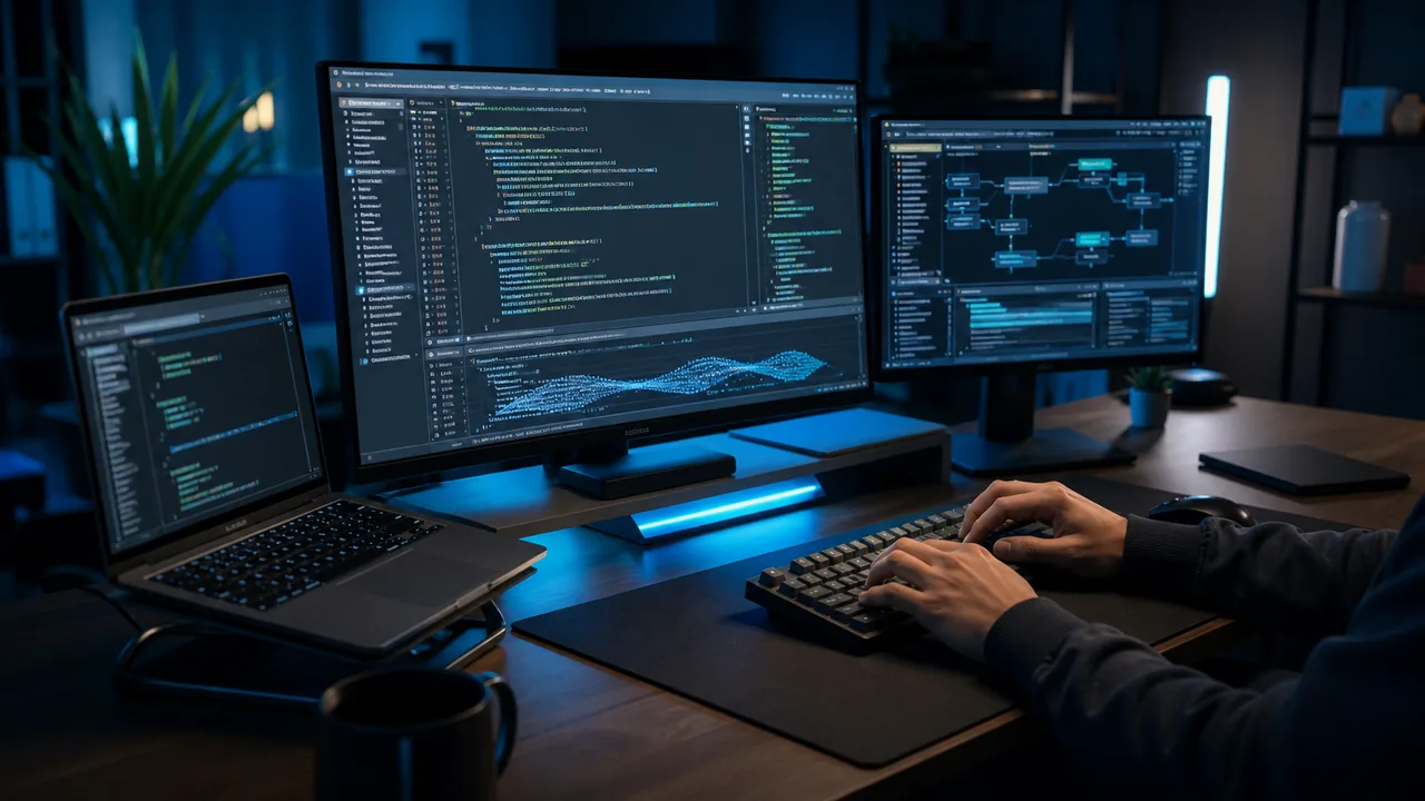 Monitores com ambiente de programação em tons azuis.