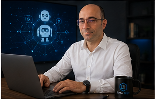 William Lima trabalhando em notebook com ilustração de agentes de IA ao fundo, representando a transformação do trabalho em 2026.