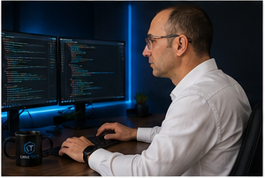 William Lima programando em computador com editor de código, representando desenvolvimento de software com Inteligência Artificial.