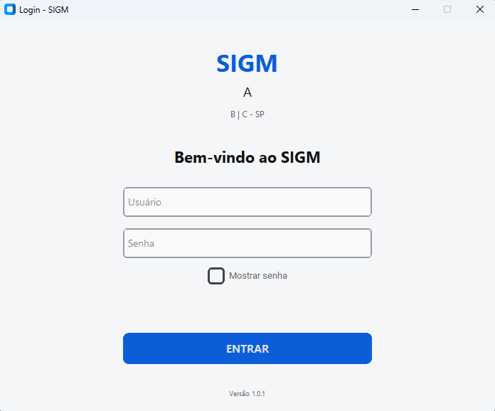 Tela real de login do SIGM com campos de usuário e senha vazios.